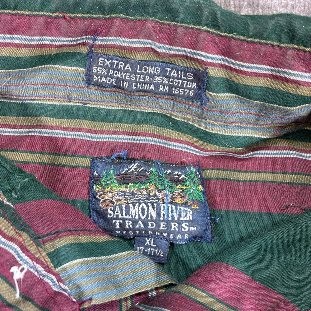 Salmon River Traders Western Shirt Mens XL Green Vintage Striped Pearl Snap - Picture 3 of 8